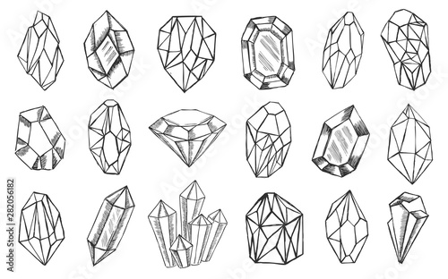 Crystals Pattern with and Minerals. Hand drawn illustration.