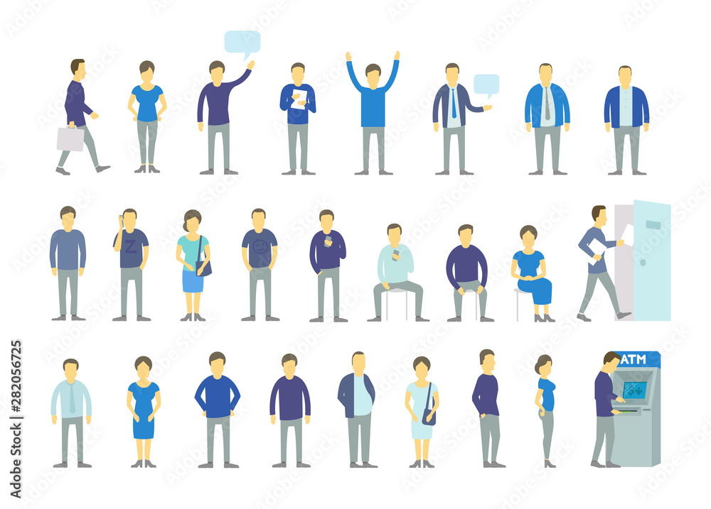 Set different people , queue ATM, turn the door. A group of people, workers team of businessmen in blue clothes. Work partnership. Flat vector.