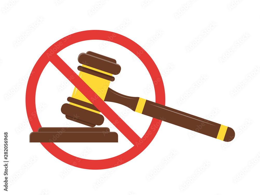 No to law. Stop sign vector red icon. Judge gavel icon. Auction hammer