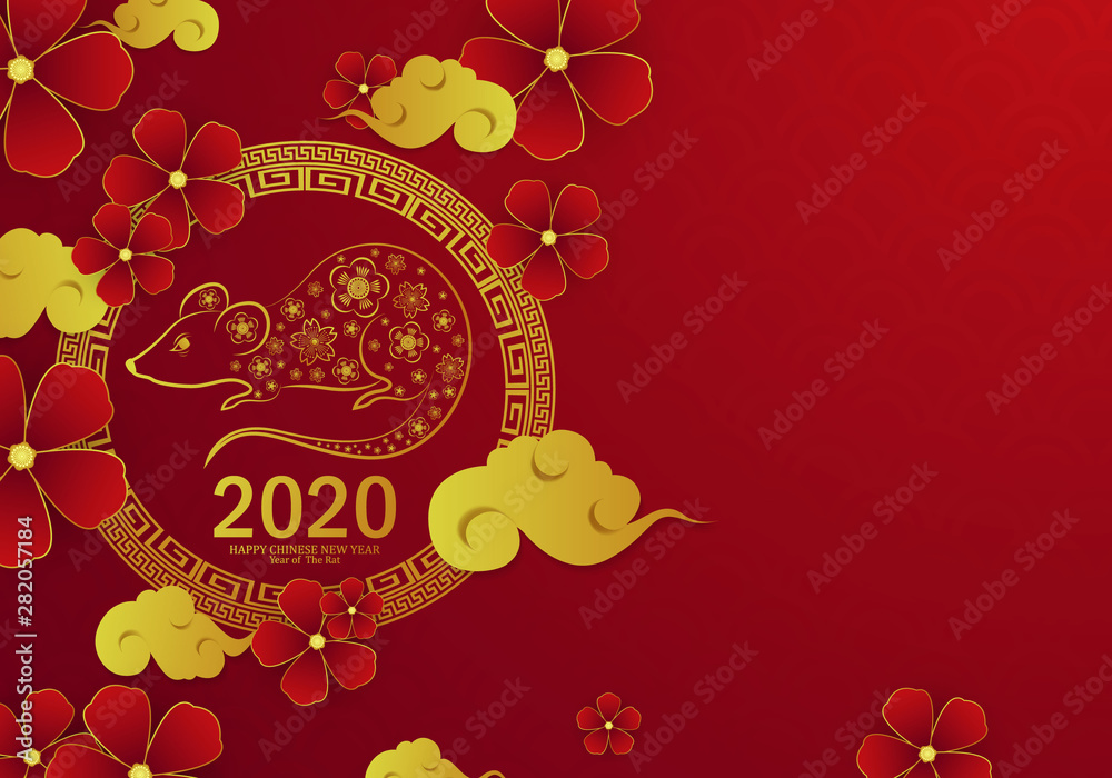 Chinese New Year 2020 Year of the Rat with paper cutting on a red background Chinese New Year 2020 Year of the Rat with paper cutting on a red background