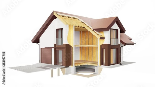Illustration of cut of walls of house. Visible structure, finishes and insulation. Red bricks. 60 fps animation.
