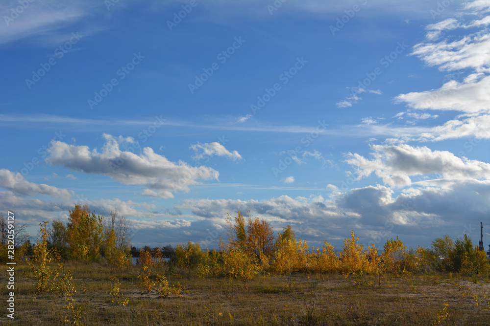 Autumn landscape with golden trees. Panoramic view with beautiful sky.