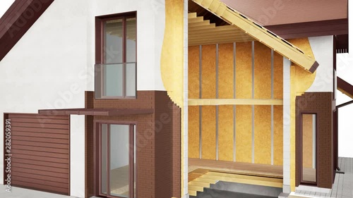 Cutaway of house. Visible structures, interior and insulation. Red bricks. 60 fps animation.