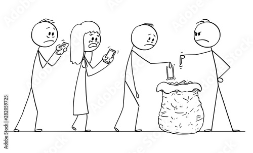 Vector cartoon stick figure drawing conceptual illustration of group of depressed addicted people waiting in line, to throw their mobile phones or cellphones in to waste or trash.