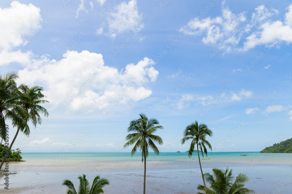 Obraz premium Summer beach in Thailand, blue ocean, sand, and sunshine