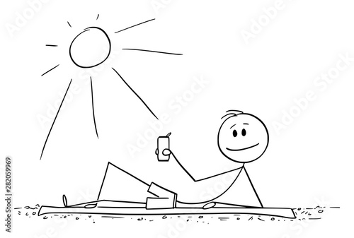 Vector cartoon stick figure drawing conceptual illustration of man lying on beach and enjoying sunny day or summer with beer can or tin in hand.