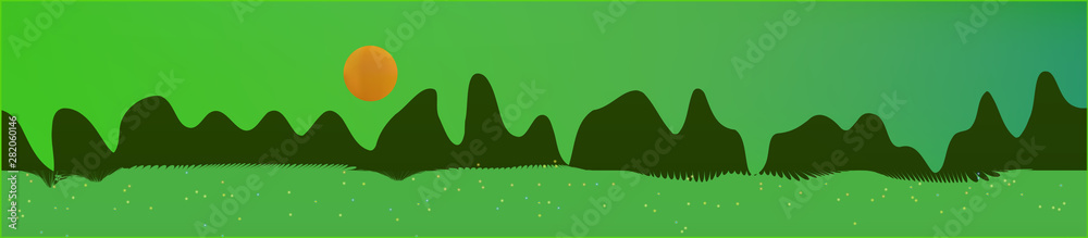 Green sky, and mountains landscape. 