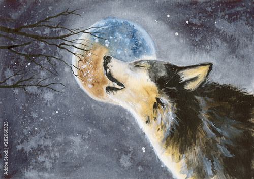  Watercolor picture of a wolf with a moon on the background, snow and tree 