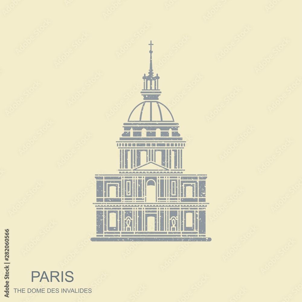 Image of the house of invalides in Paris. Flat vector icon in retro style