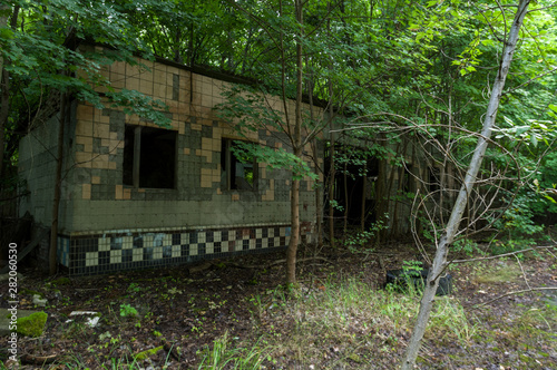 The old building of the Soviet era. Garage in the Chernobyl region.