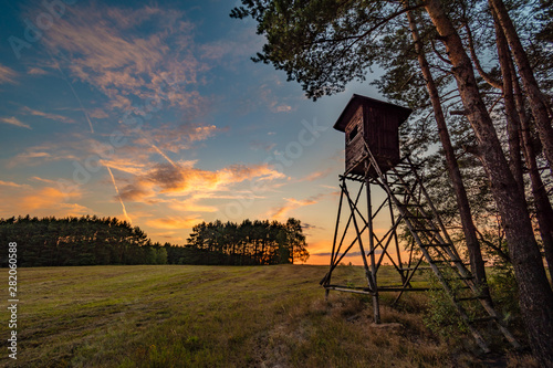 Papier peint Deer stand (tree stand) beside field and forest at sunset light, Czech republic