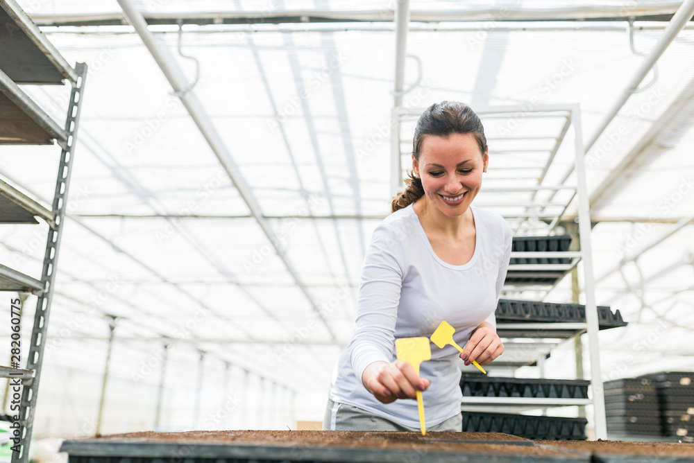 Smiling female gardener labeling seed trays at modern greenhouse