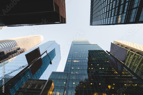 Photography Looking up at tall high skyscraper buildings in San Francisco in the Financial D