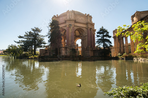 View of the Palace of Fine Arts on a sunny day with blue sky in San Francisco, California
