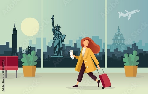 The girl with the suitcase at the airport. Against the background of an abstract panorama of the U.S. attractions.