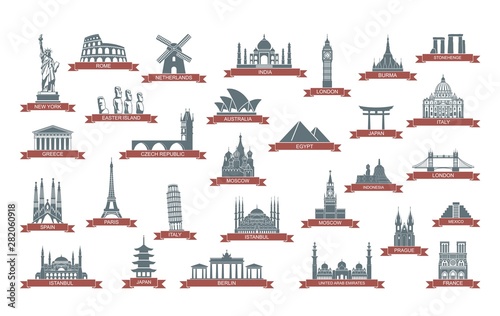 World architectural attractions. Stylized flat icons. Vector illustration