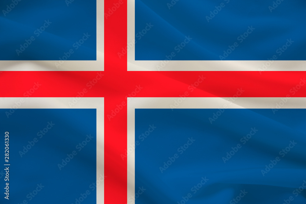 Obraz premium national flag of the country iceland on delicate silk with creases from the wind, concept of travel, immigration, politics, copy space, close-up