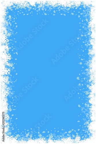 Merry Christmas Happy New Year border with white snowflakes winter background.