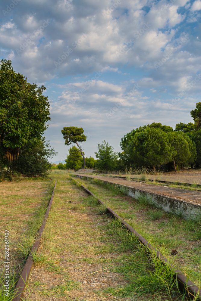 Train rails at the deserted Kaiafas train station, Zacharo, Greece