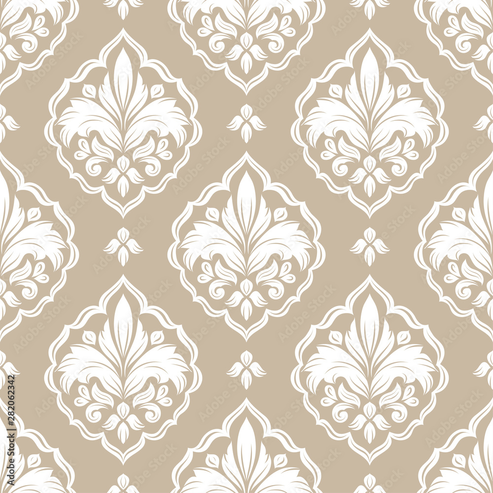 Beige and white damask seamless pattern. Vintage vector background template, luxury elements. Great for fabric, invitation, wallpaper, decoration, packaging or any desired idea.