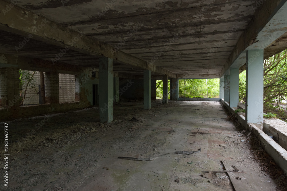 Abandoned trading room. Trading pavilion. Windows and shop windows. Abandoned trading room. Trading pavilion. Windows and shop windows.