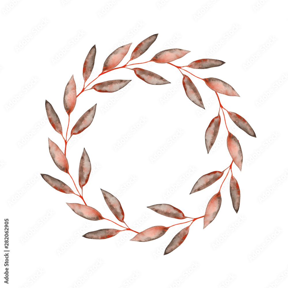 Fototapeta premium Watercolor autumn set with orange brown leaves and twigs, apples. Ideal for cards and invitations.