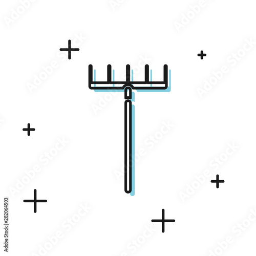 Black Garden rake icon isolated on white background. Tool for horticulture, agriculture, farming. Ground cultivator. Housekeeping equipment. Vector Illustration