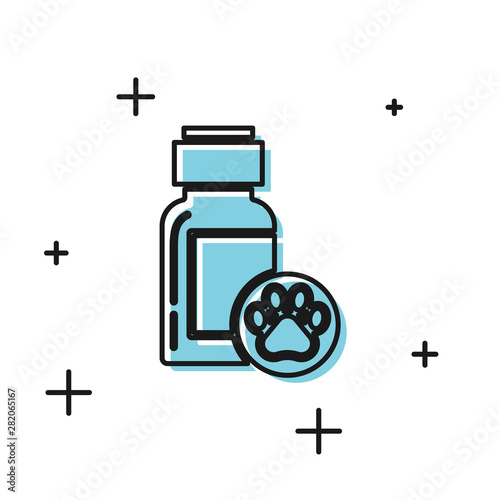 Black Dog medicine bottle icon isolated on white background. Container with pills. Prescription medicine for animal. Vector Illustration