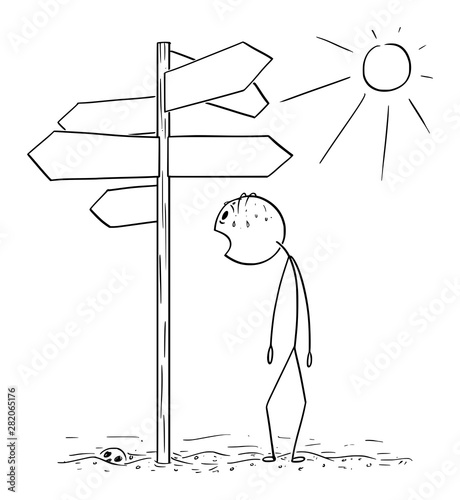 Vector cartoon stick figure drawing conceptual illustration of exhausted and thirsty man walking on hot desert and found empty signpost showing in many directions.