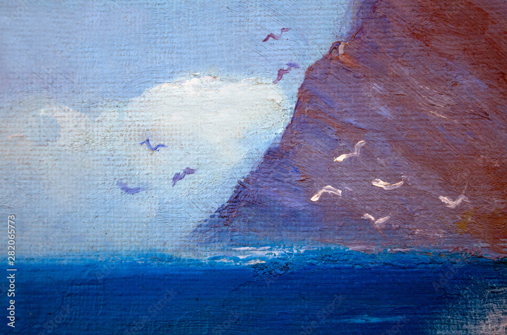 Sea mountain landscape of gull mountain. Painting on canvas