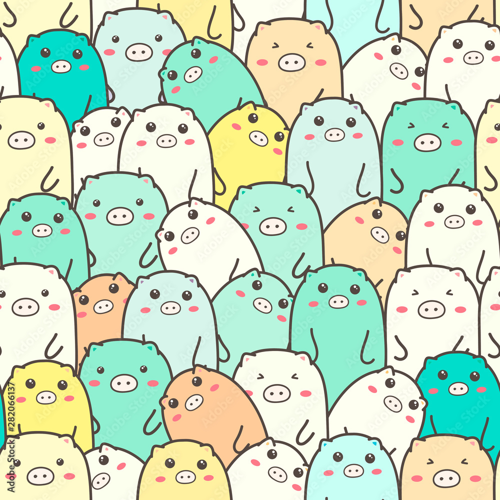 Obraz premium Cute pig seamless pattern background. Vector illustrations for gift wrap design.
