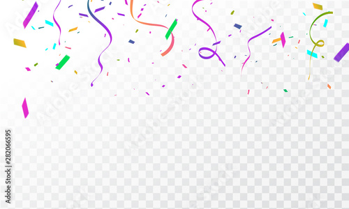 Celebration background template with confetti and colorful ribbons.