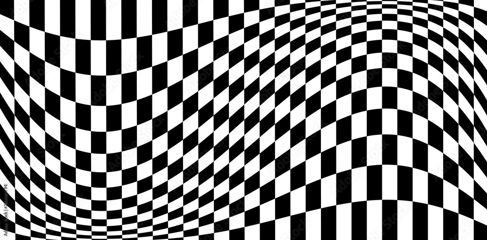 Distortion effects on checkered pattern, monochrome black and white EPS10 vector background.