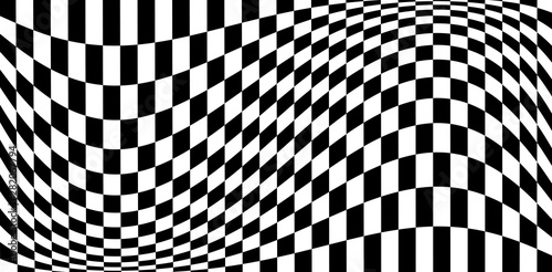 Distortion effects on checkered pattern, monochrome black and white EPS10 vector background. photo