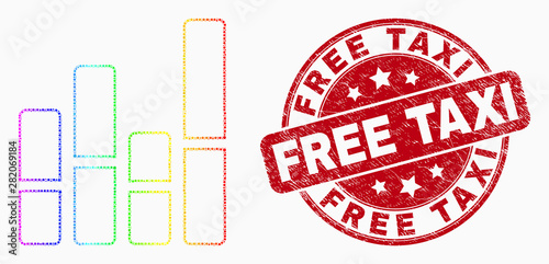 Pixelated spectral bar chart mosaic pictogram and Free Taxi seal stamp. Red vector round scratched stamp with Free Taxi text. Vector combination in flat style.