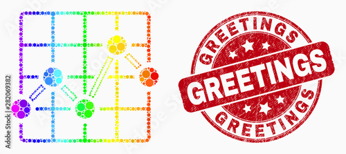 Dot bright spectral chart grid mosaic pictogram and Greetings seal stamp. Red vector rounded scratched seal with Greetings caption. Vector composition in flat style.