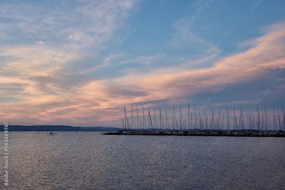 marina at lake Balaton at sunset, Plattensee, Hungary