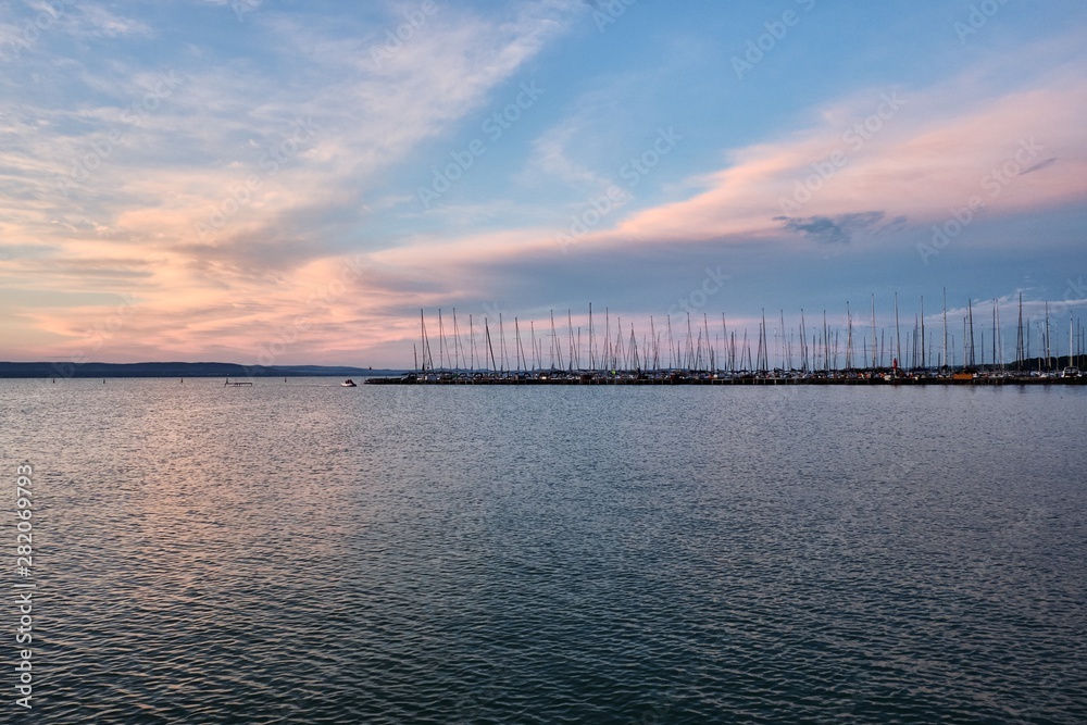 marina and sailboats at lake Balaton at sunset, Plattensee, Hungary