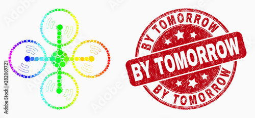 Dotted rainbow gradiented air copter mosaic pictogram and By Tomorrow stamp. Red vector round distress seal with By Tomorrow caption. Vector composition in flat style.