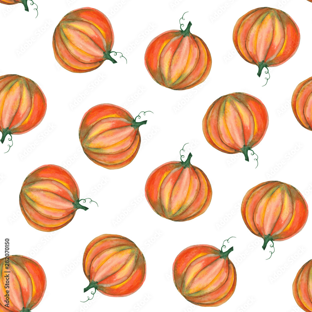  Watercolor pattern with pumpkins. Perfect for Halloween cards and invitations.