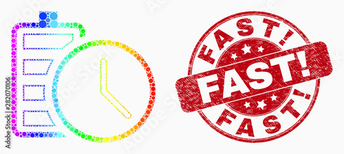 Pixelated bright spectral battery charge time mosaic pictogram and Fast! seal stamp. Red vector rounded scratched seal with Fast! caption. Vector collage in flat style.