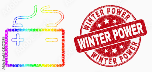 Dot rainbow gradiented accumulator battery mosaic pictogram and Winter Power seal stamp. Red vector round distress stamp with Winter Power title. Vector composition in flat style.