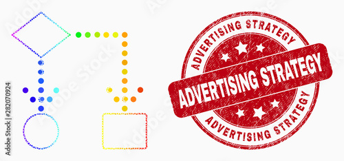Dot bright spectral block diagram mosaic icon and Advertising Strategy seal stamp. Red vector rounded textured seal with Advertising Strategy text. Vector composition in flat style.