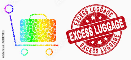 Dot bright spectral baggage cart mosaic pictogram and Excess Luggage seal stamp. Red vector round scratched seal with Excess Luggage message. Vector collage in flat style.