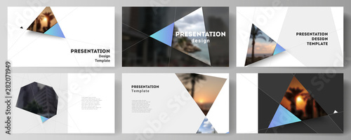The minimalistic abstract vector layout of the presentation slides design business templates. Creative modern background with blue triangles and triangular shapes. Simple design decoration.