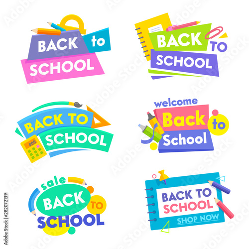 Back to School Banners Set. Colorful Tags Icons or Stickers with Title and Elements Typography and Studying Supplies. Poster for Retail Marketing Promotion Education Ad. Cartoon Vector Illustration