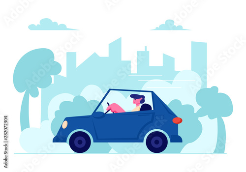 City Transportation, Traffic, Route, Man Dweller Driving Car on Urban Cityscape Background, Transport on Speedway, Character Riding Blue Sedan Automobile Citizen Life Cartoon Flat Vector Illustration