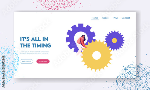 Time Website Landing Page, Tiny Woman Character Turning Huge Gears and Cogwheels Mechanism of Clocks or Watch, Generating Ideas, Working Process Web Page. Cartoon Flat Vector Illustration, Banner
