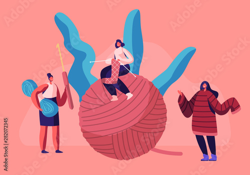 Tiny Girls with Knitting Needles Sitting on Huge Clew. Handcraft Hobby Concept Women Knitwork, Knit Warm Clothing as Jumper for Winter Cold Time, Home Needlework. Cartoon Flat Vector Illustration