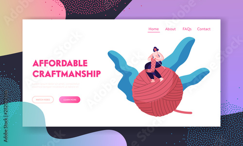 Needlework Website Landing Page. Tiny Girl with Knitting Needles Sitting on Huge Clew Handcraft Hobby Concept. Woman Knit Warm Clothing at Home Web Page Banner. Cartoon Flat Vector Illustration